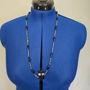 Vintage Black Onyx-Style Bead Necklace with Gold Tone Links | Mid-Century Modern